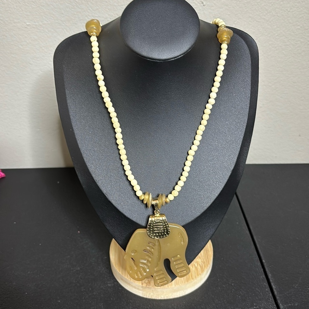 Chico’s Gold and Cream Elephant Pendant Long Boho Necklace